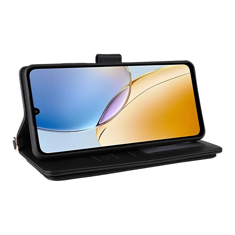 For ZTE Blade A56 Case with Shoulder / Wrist Strap Leather Phone Cover Stand Wallet - Black