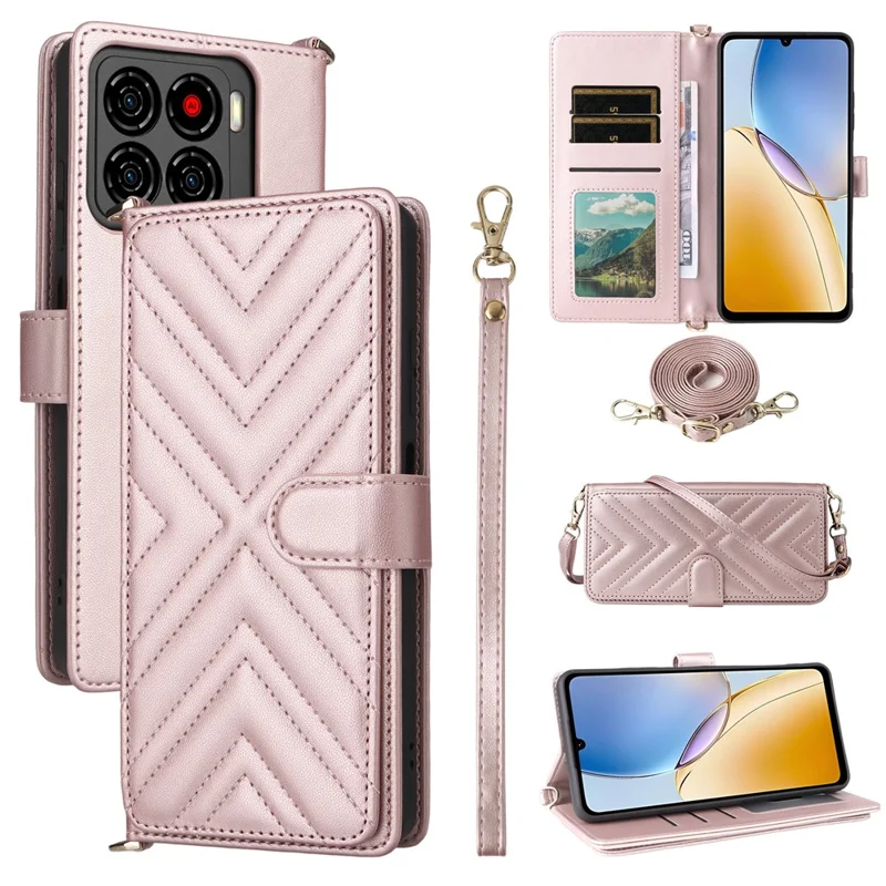 For ZTE Blade A56 Case with Shoulder / Wrist Strap Leather Phone Cover Stand Wallet - Pink