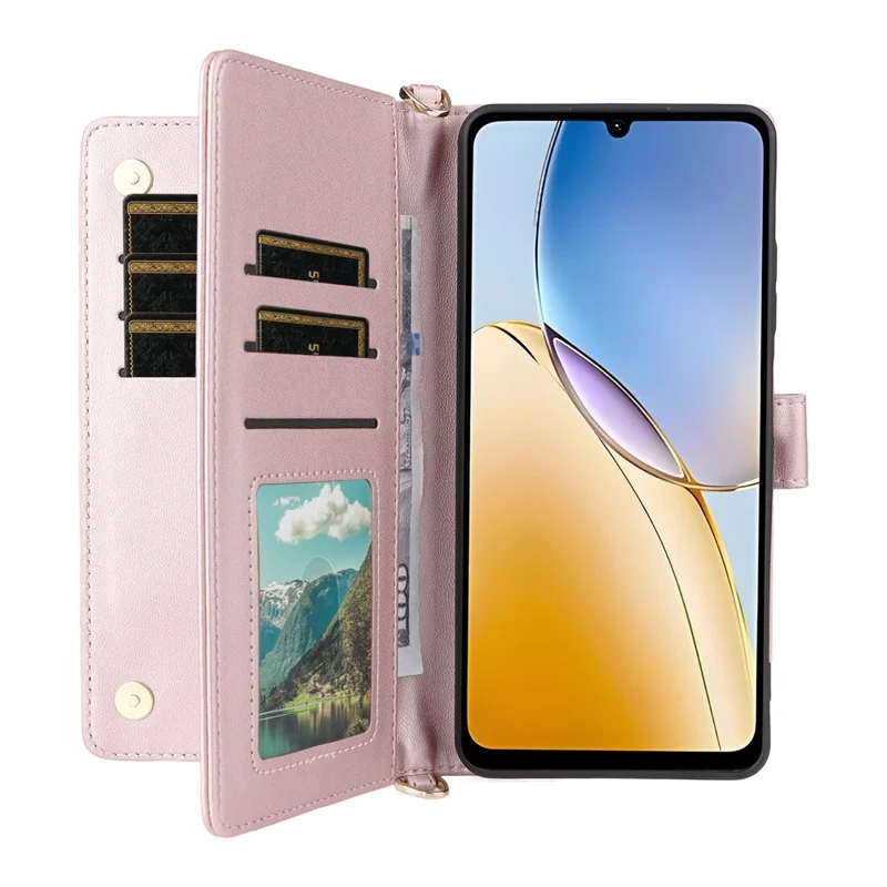 For ZTE Blade A56 Case with Shoulder / Wrist Strap Leather Phone Cover Stand Wallet - Pink