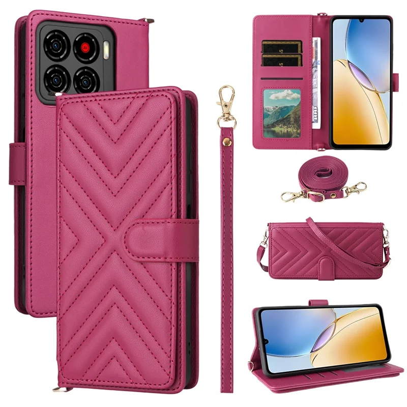 For ZTE Blade A56 Case with Shoulder / Wrist Strap Leather Phone Cover Stand Wallet - Rose