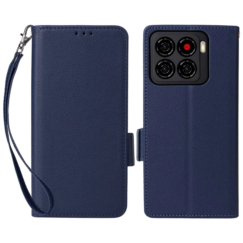For ZTE Blade A56 Case with Wrist Strap Litchi Texture PU Leather Wallet Phone Cover - Dark Blue