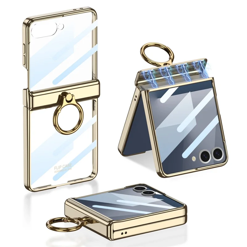 GKK Pour Samsung Galaxy Z Flip7 5G Étui avec Béquille Protection de Charnière Magnétique PC + Verre Trempé Coque de Téléphone - Or Champagne