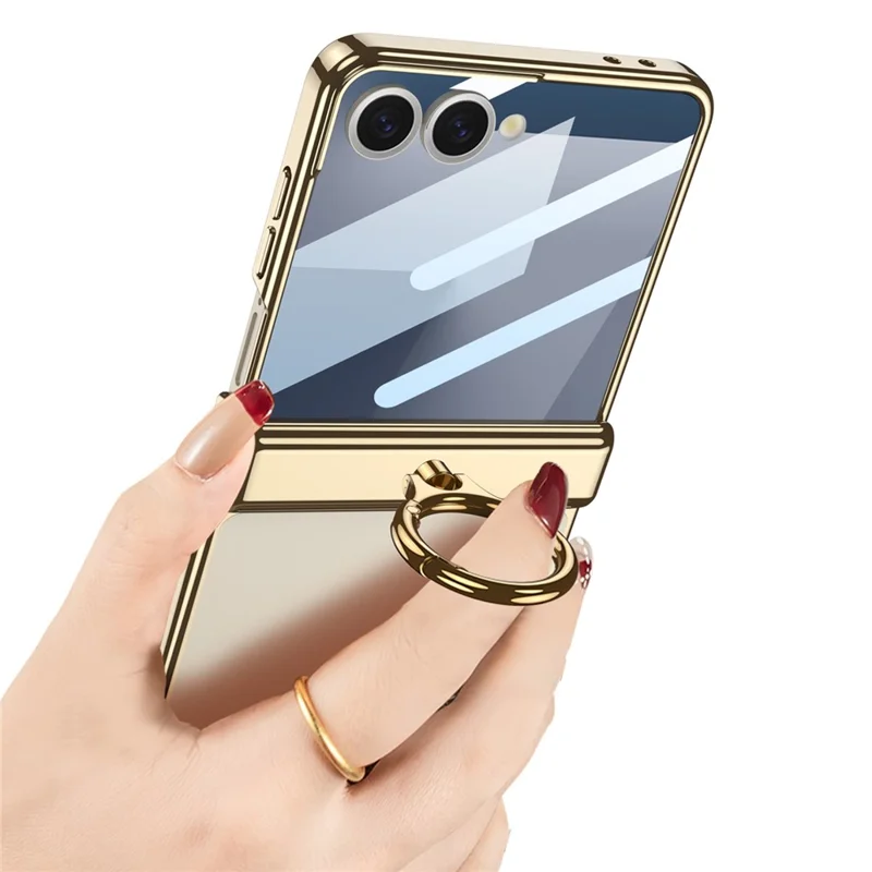 GKK Pour Samsung Galaxy Z Flip7 5G Étui avec Béquille Protection de Charnière Magnétique PC + Verre Trempé Coque de Téléphone - Or Champagne