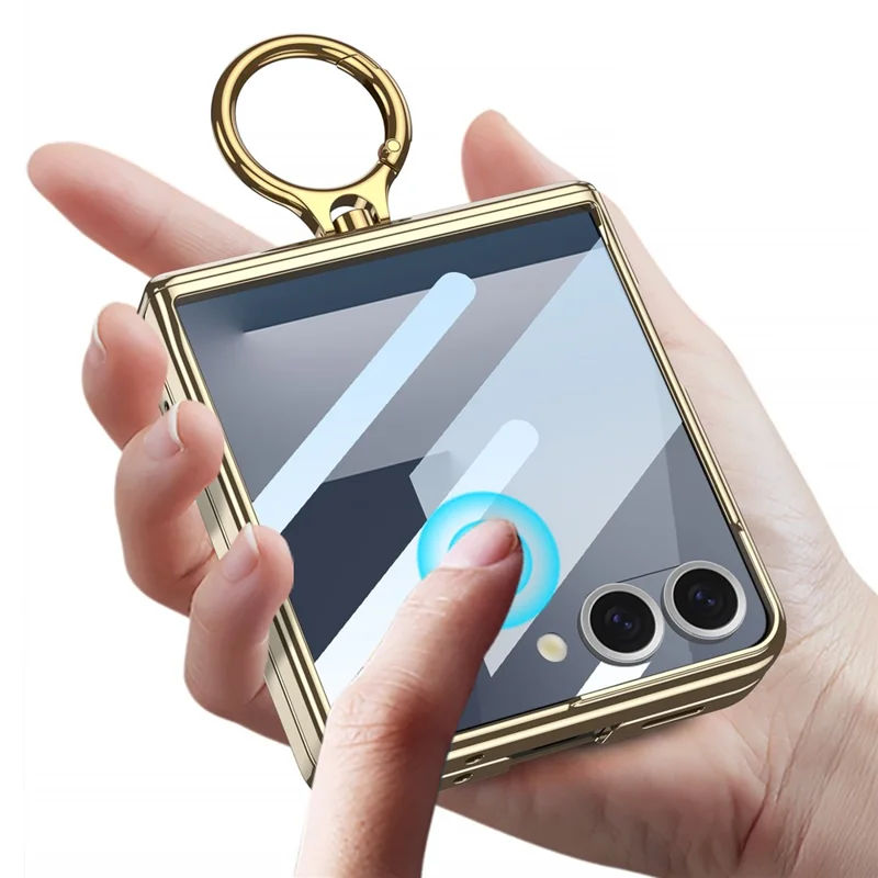 GKK Pour Samsung Galaxy Z Flip7 5G Étui avec Béquille Protection de Charnière Magnétique PC + Verre Trempé Coque de Téléphone - Or Champagne