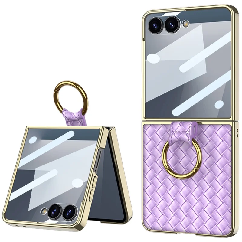 GKK Per Samsung Galaxy Z Flip7 5G Cover con Anello Supporto, Motivo Intrecciato in Pelle PU, con Pellicola per Schermo Piccolo - Viola