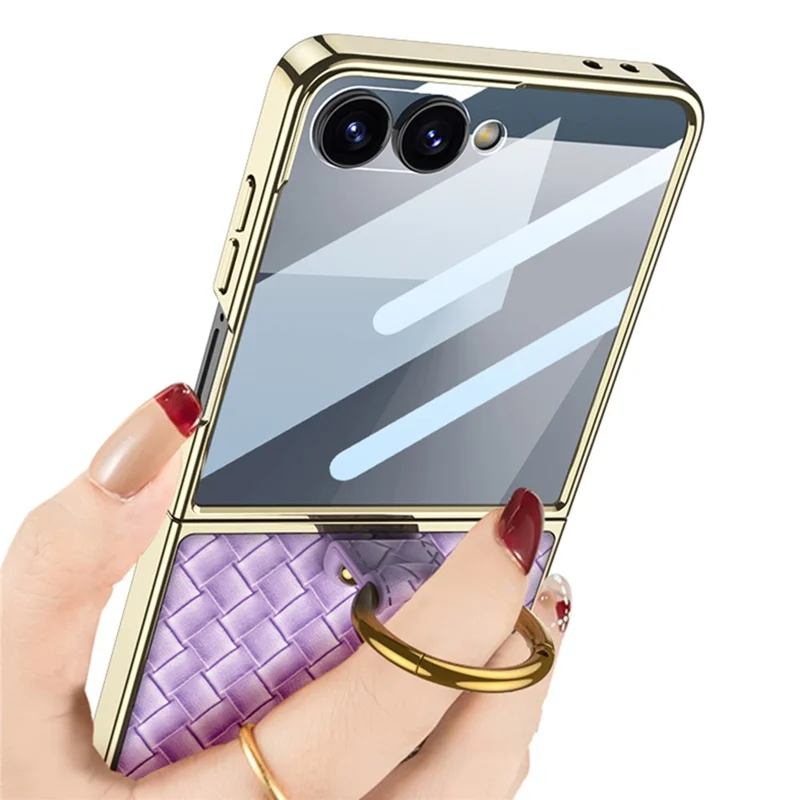 GKK Per Samsung Galaxy Z Flip7 5G Cover con Anello Supporto, Motivo Intrecciato in Pelle PU, con Pellicola per Schermo Piccolo - Viola