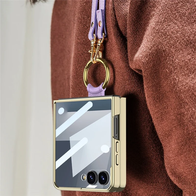 GKK For Samsung Galaxy Z Flip7 5G Case Ring Kickstand PU Leather + PC Phone Cover with Small Screen Film / Shoulder Strap - Coffee