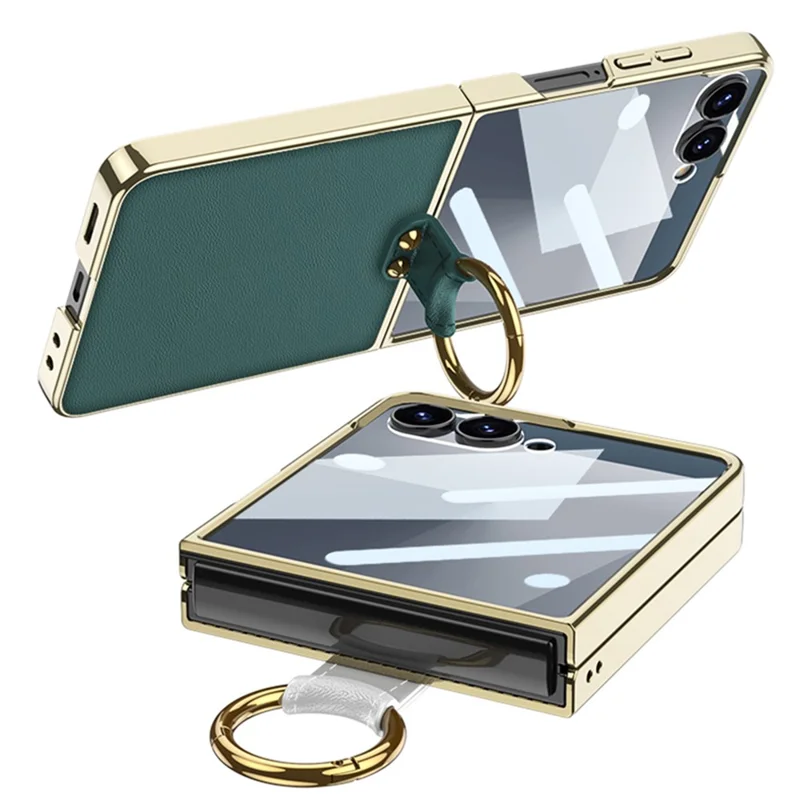 GKK For Samsung Galaxy Z Flip7 5G Case Ring Kickstand PU Leather + PC Phone Cover with Small Screen Film / Shoulder Strap - Black