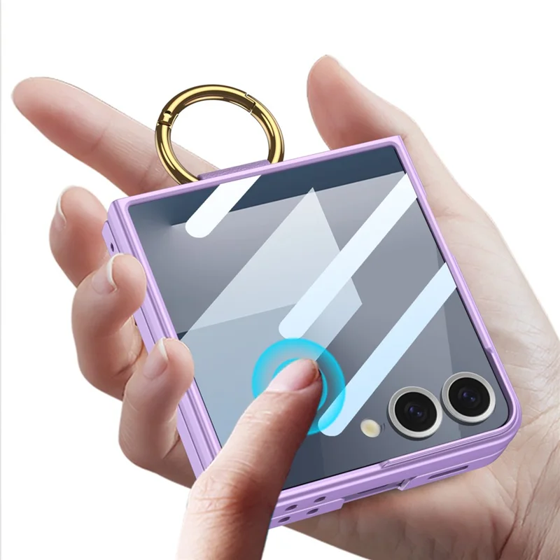 GKK For Samsung Galaxy Z Flip7 5G Case with Ring Holder Metal Plate PC + Tempered Glass Phone Cover - Purple