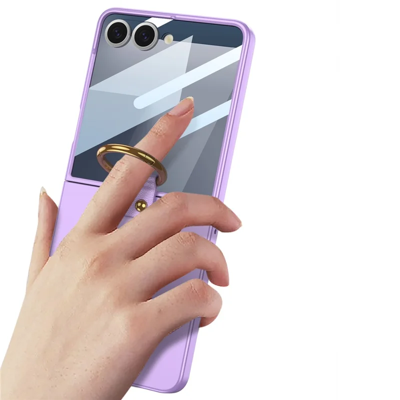 GKK For Samsung Galaxy Z Flip7 5G Case with Ring Holder Metal Plate PC + Tempered Glass Phone Cover - Purple