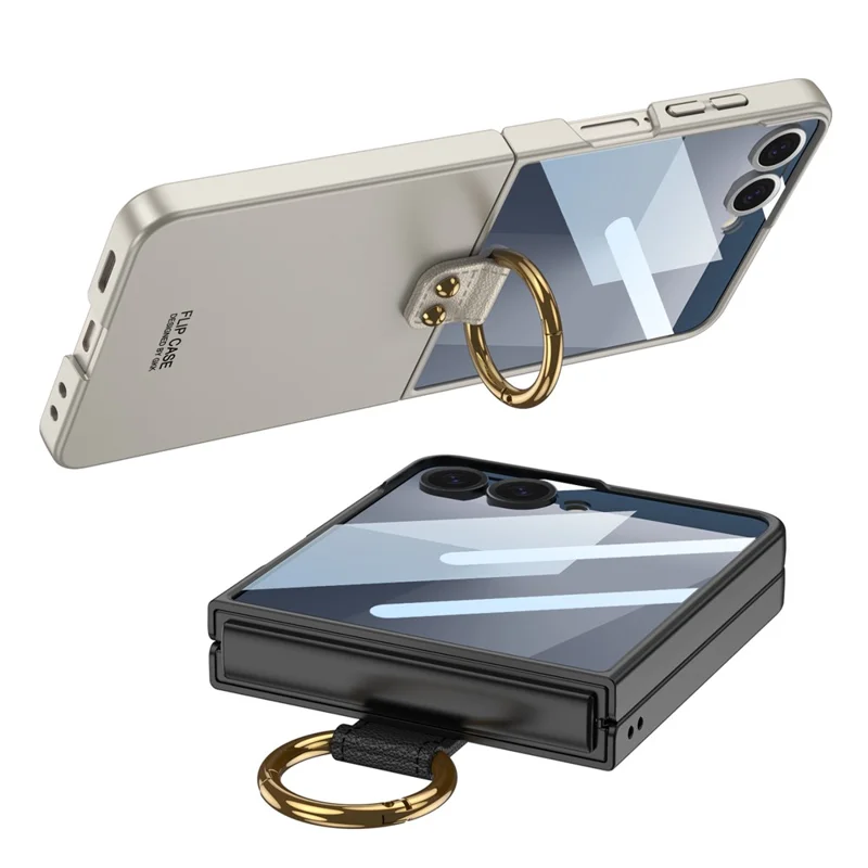 GKK For Samsung Galaxy Z Flip7 5G Case with Ring Holder Metal Plate PC + Tempered Glass Phone Cover - Purple