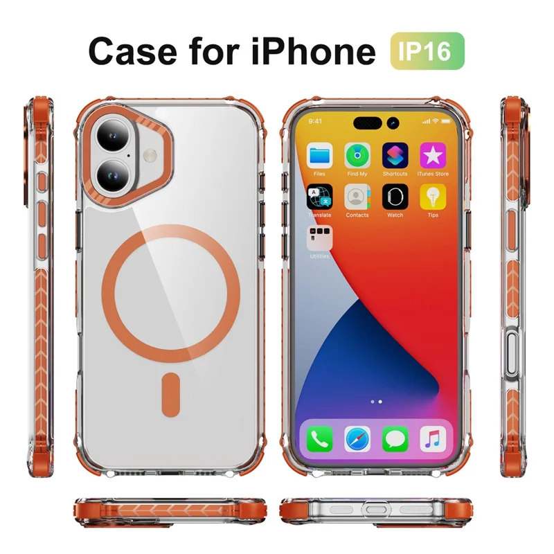 Funda para iPhone 16 Transparente con Airbag TPU + PC Compatible con MagSafe - Naranja