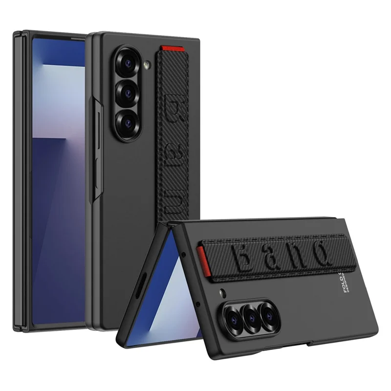 GKK For Samsung Galaxy Z Fold7 5G Case Wristband Large Lens Hole PC Phone Cover with Front Screen Film - Carbon Fiber Texture