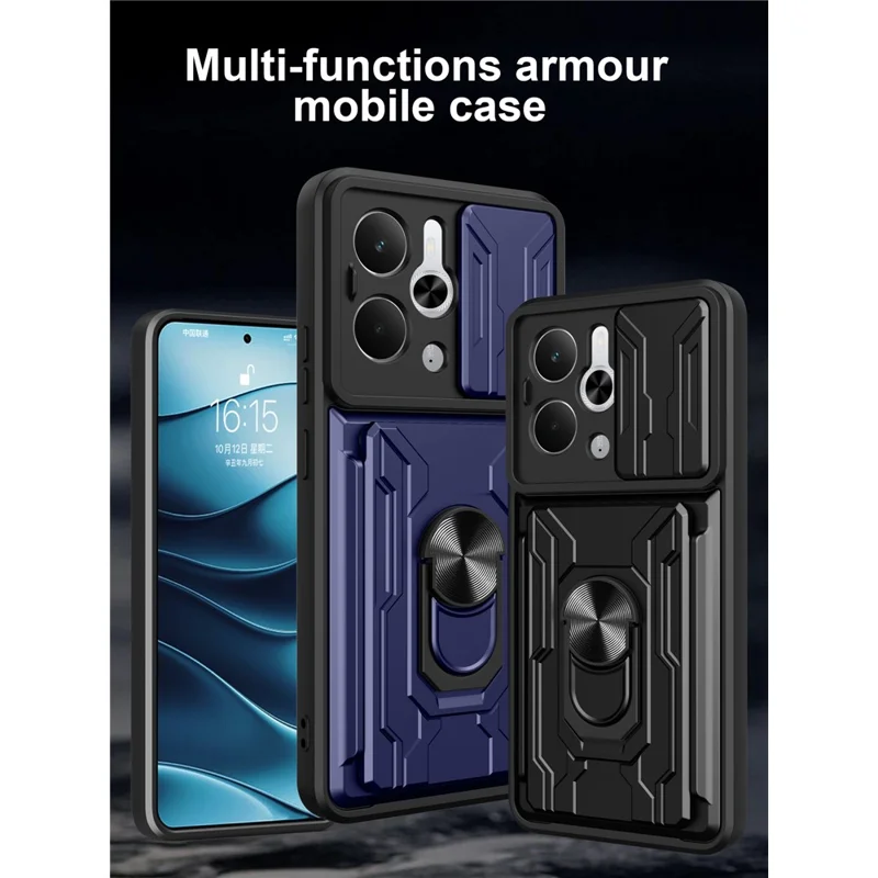 Für Realme 14 5G Hülle PC + TPU Ständer Handyrückseite mit Kamera-Schieber - Schwarz