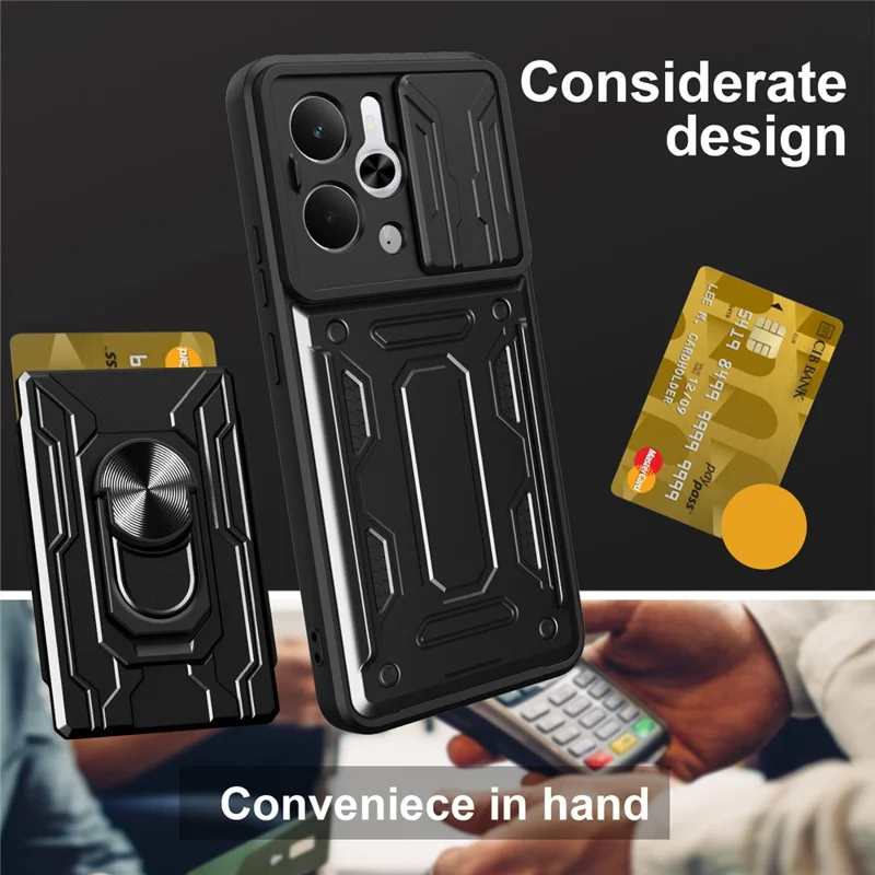 Für Realme 14 5G Hülle PC + TPU Ständer Handyrückseite mit Kamera-Schieber - Schwarz