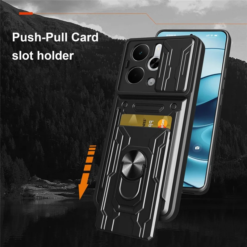 Für Realme 14 5G Hülle PC + TPU Ständer Handyrückseite mit Kamera-Schieber - Schwarz