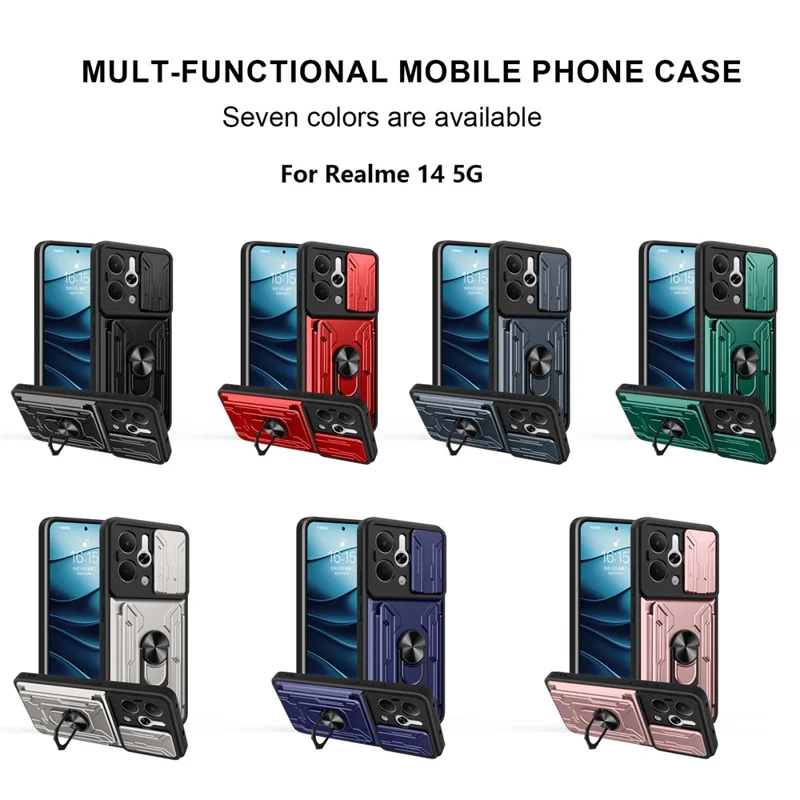 Für Realme 14 5G Hülle PC + TPU Ständer Handyrückseite mit Kamera-Schieber - Schwarz