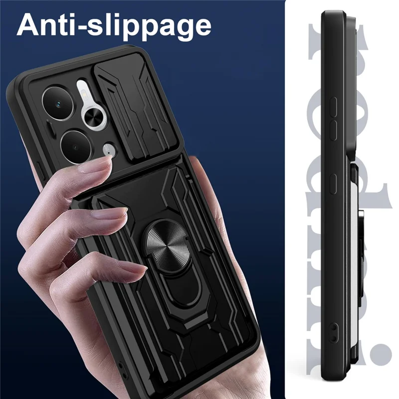 Für Realme 14 5G Hülle PC + TPU Ständer Handyrückseite mit Kamera-Schieber - Schwarz