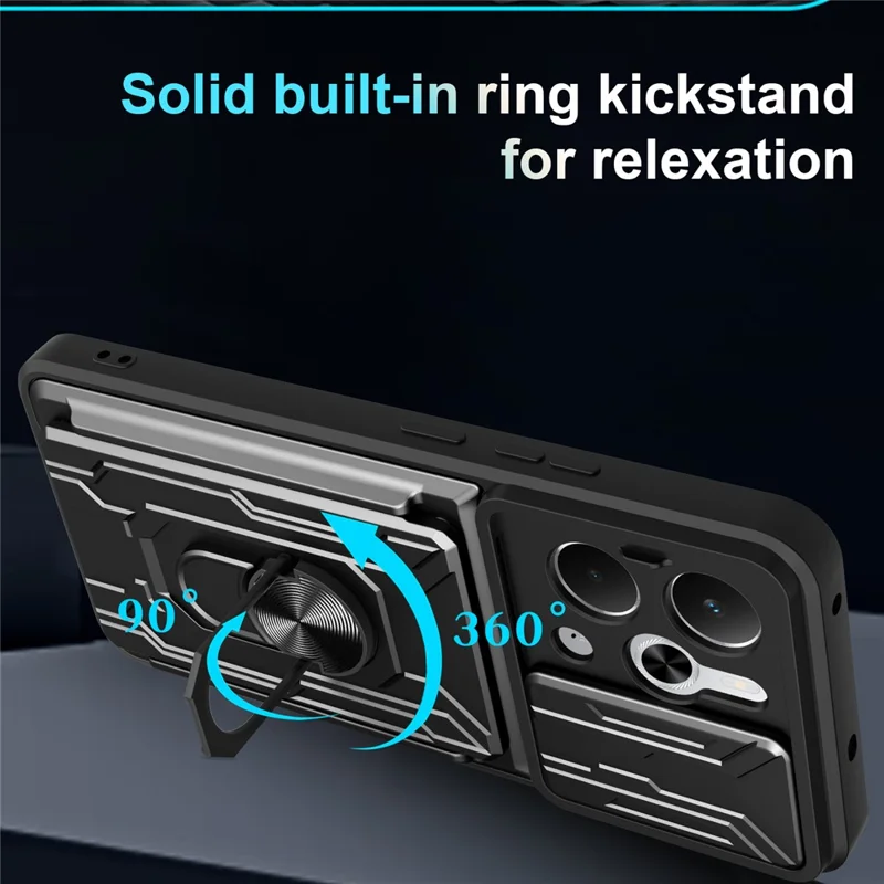 Für Realme 14 5G Hülle PC + TPU Ständer Handyrückseite mit Kamera-Schieber - Schwarz