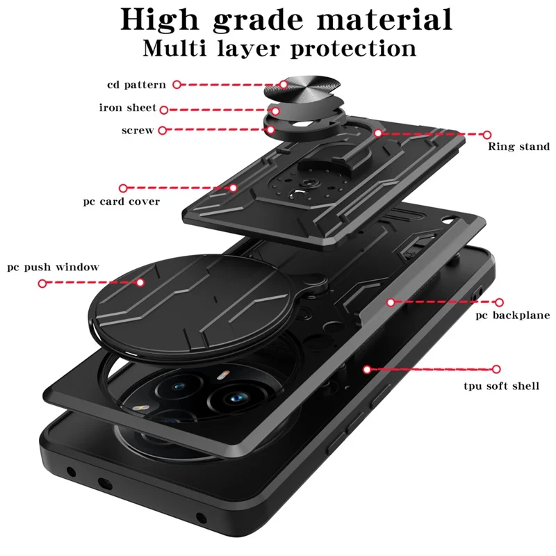 Per Realme 14 Pro+ 5G Custodia PC + TPU Supporto Telefono Copertura posteriore con Cursore fotocamera - Nero