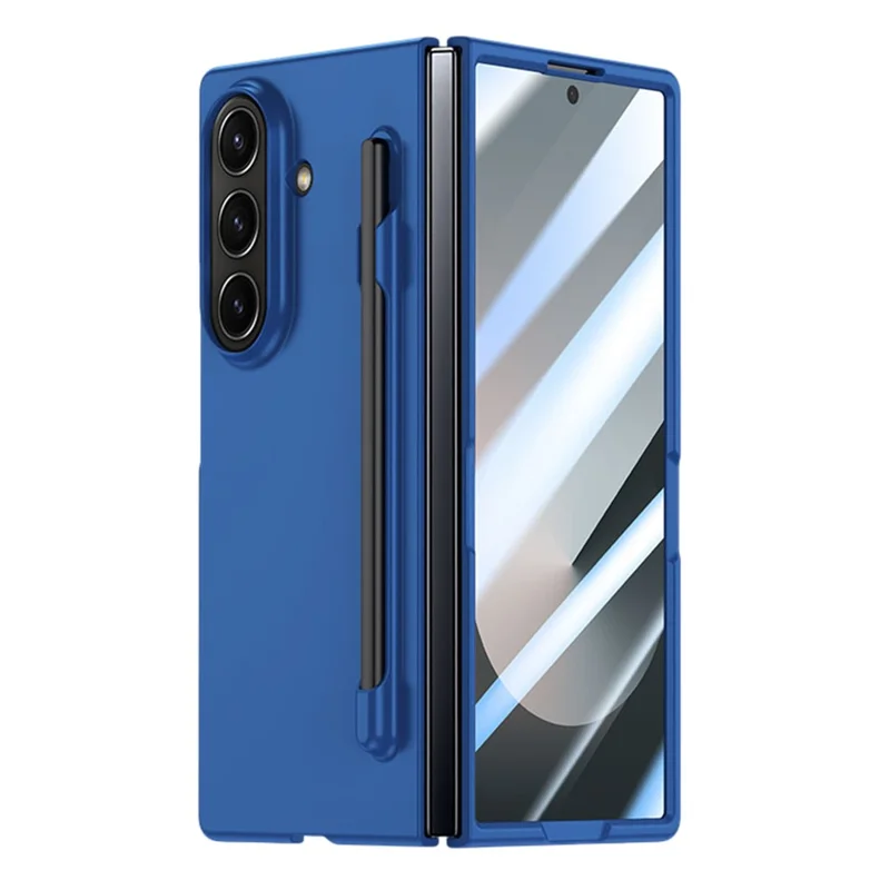 For Samsung Galaxy Z Fold7 5G Case Skin Feel Phone Cover with Tempered Glass Film  /  Pen Slot - Dark Blue
