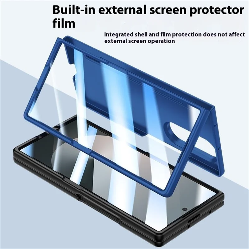 For Samsung Galaxy Z Fold7 5G Case Skin Feel Phone Cover with Tempered Glass Film  /  Pen Slot - Dark Blue