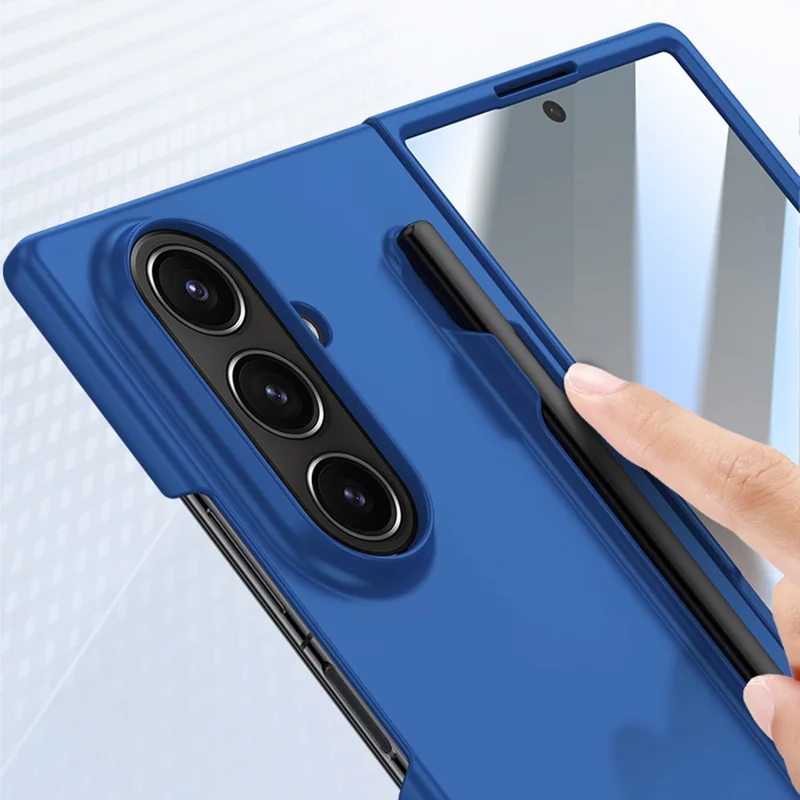 For Samsung Galaxy Z Fold7 5G Case Skin Feel Phone Cover with Tempered Glass Film  /  Pen Slot - Dark Blue