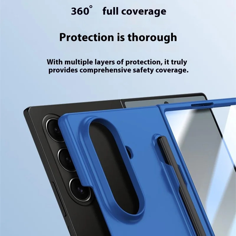 For Samsung Galaxy Z Fold7 5G Case Skin Feel Phone Cover with Tempered Glass Film  /  Pen Slot - Dark Blue