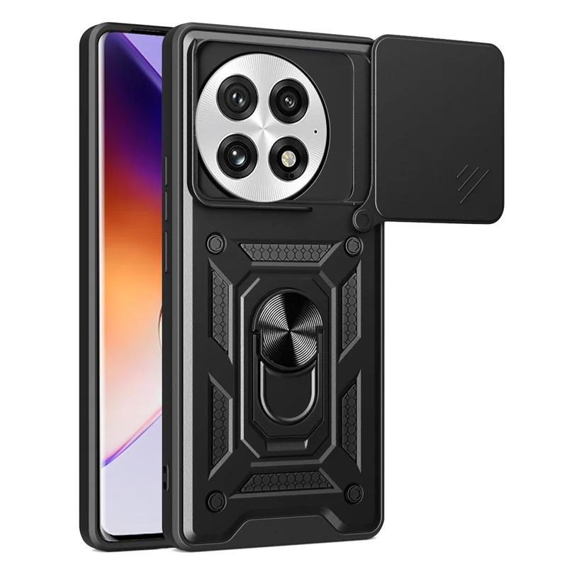 For OnePlus 13 Case with Slide Camera Lid PC + TPU Kickstand Phone Cover - Black