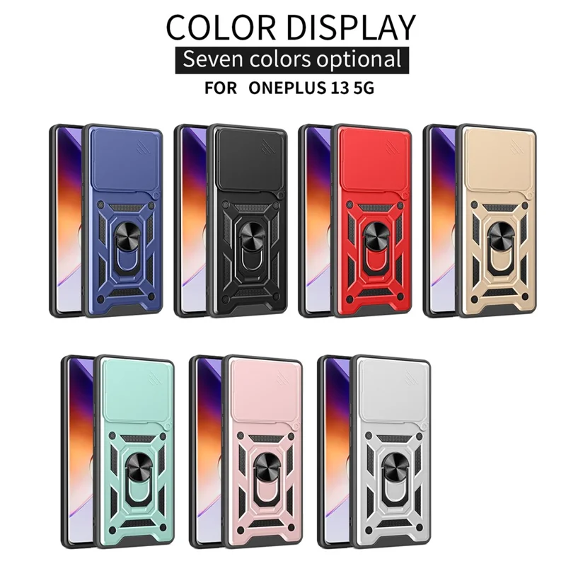 For OnePlus 13 Case with Slide Camera Lid PC + TPU Kickstand Phone Cover - Black