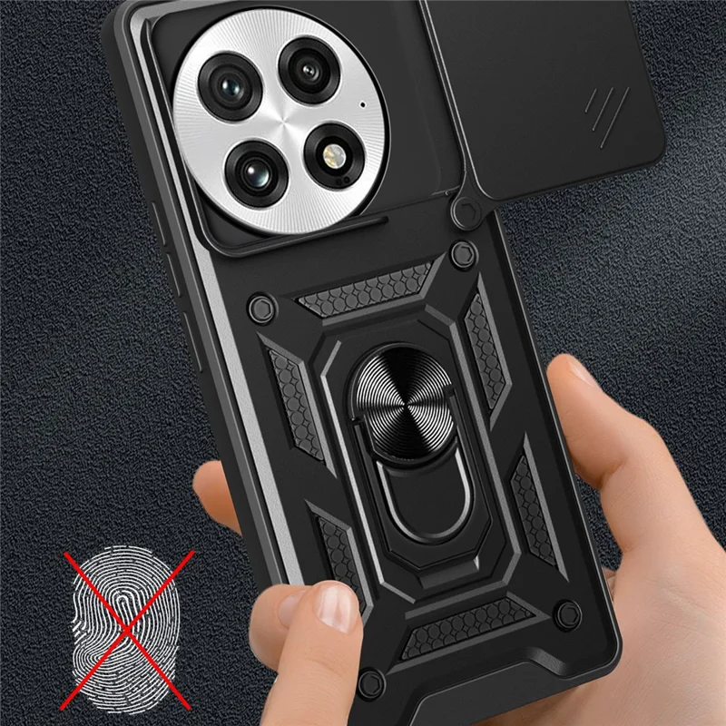 For OnePlus 13 Case with Slide Camera Lid PC + TPU Kickstand Phone Cover - Black