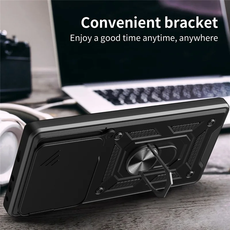 For OnePlus 13 Case with Slide Camera Lid PC + TPU Kickstand Phone Cover - Black
