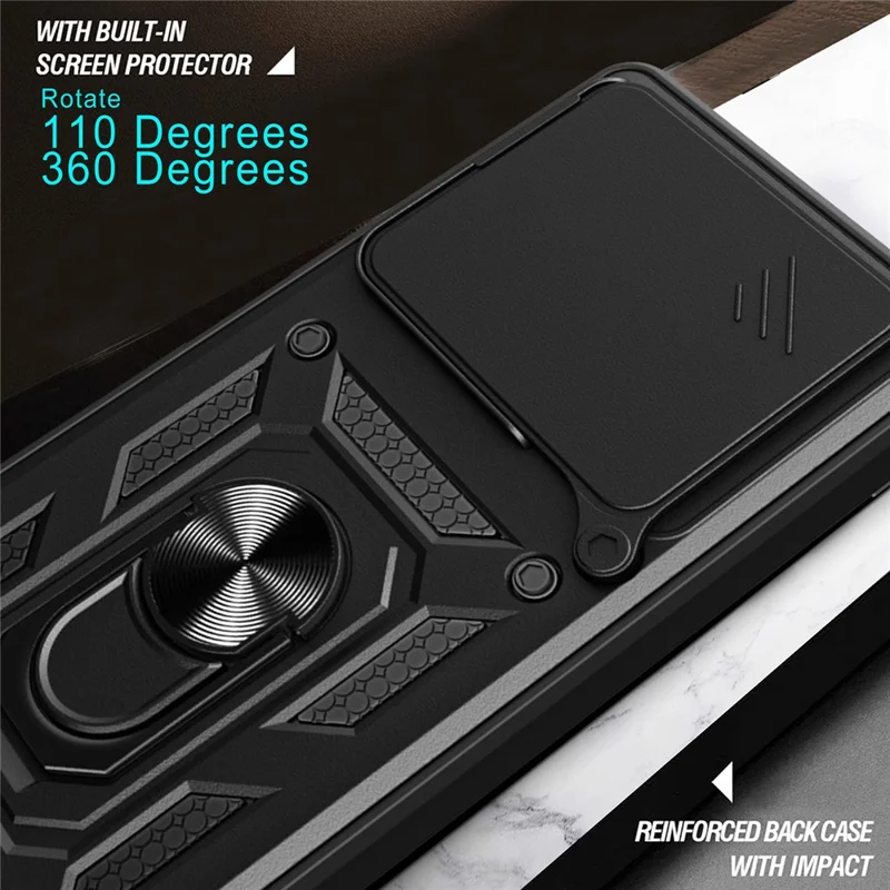 For OnePlus 13 Case with Slide Camera Lid PC + TPU Kickstand Phone Cover - Black