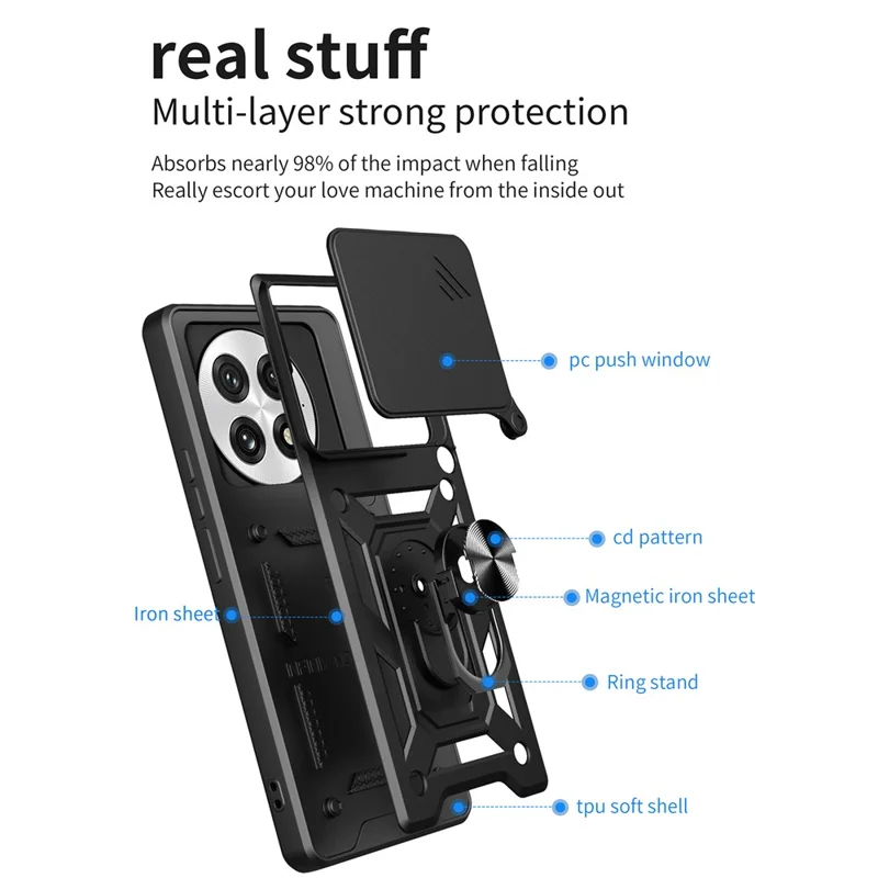 For OnePlus 13 Case with Slide Camera Lid PC + TPU Kickstand Phone Cover - Black
