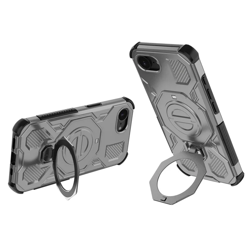 For iPhone 16e Magnetic Case Rotating Metal Kickstand Shockproof PC + TPU Phone Back Cover - Grey