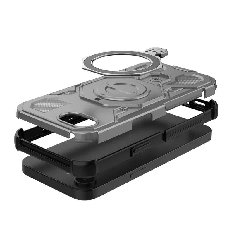 For iPhone 16e Magnetic Case Rotating Metal Kickstand Shockproof PC + TPU Phone Back Cover - Grey