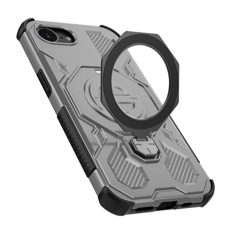 For iPhone 16e Magnetic Case Rotating Metal Kickstand Shockproof PC + TPU Phone Back Cover - Grey
