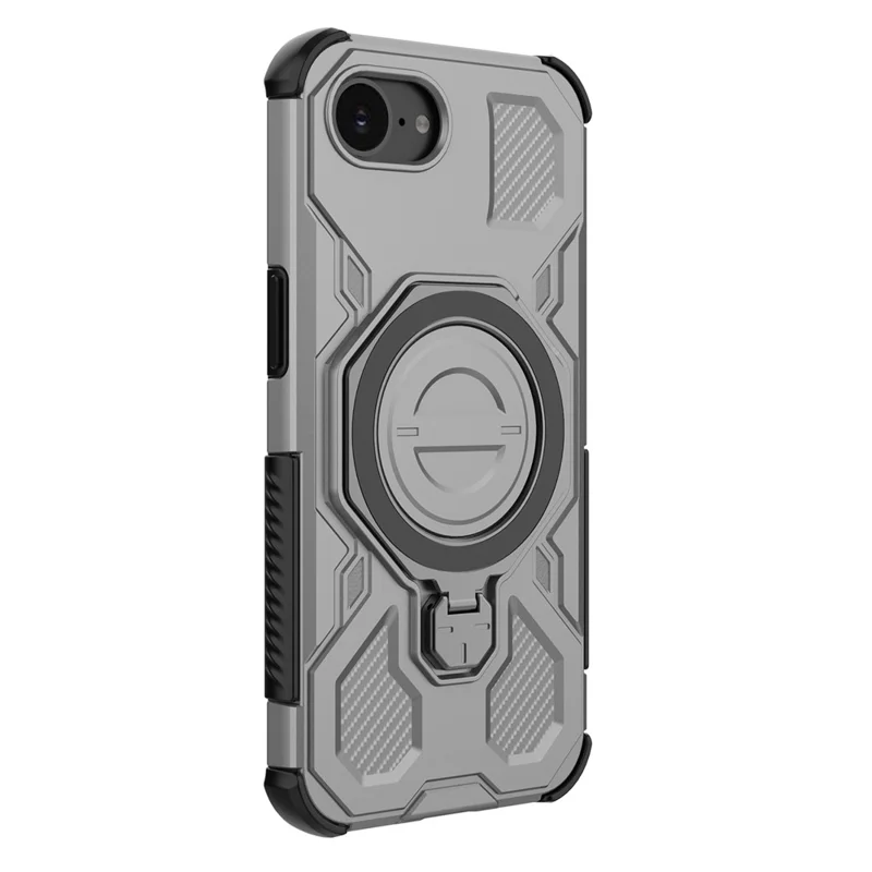 For iPhone 16e Magnetic Case Rotating Metal Kickstand Shockproof PC + TPU Phone Back Cover - Grey