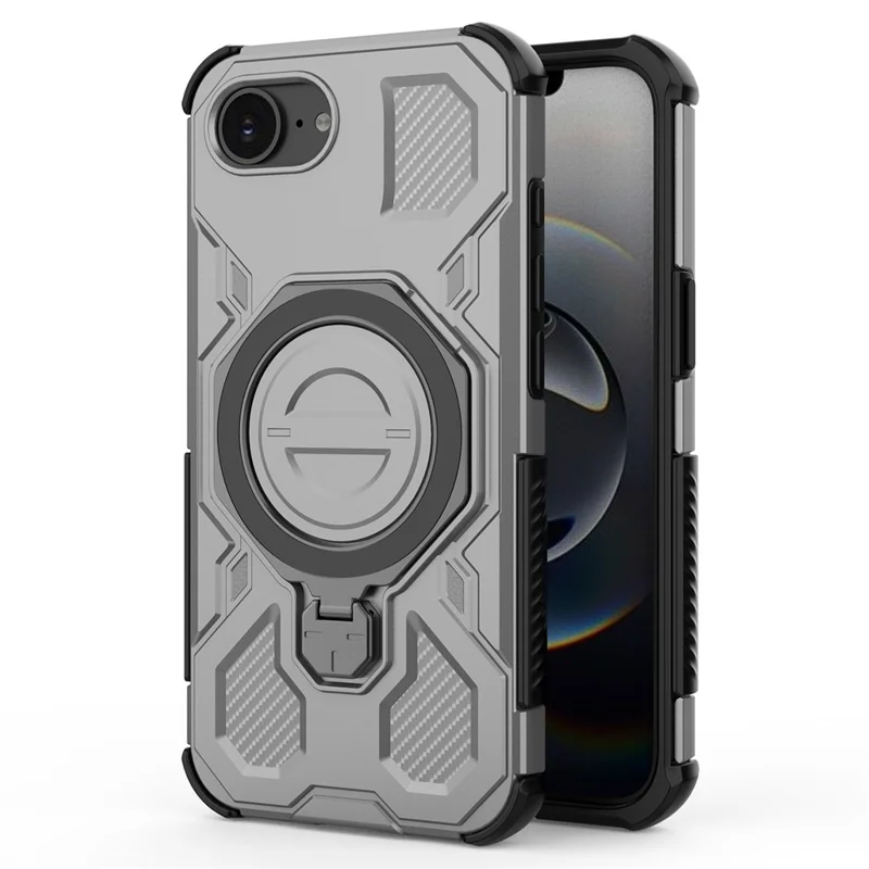 For iPhone 16e Magnetic Case Rotating Metal Kickstand Shockproof PC + TPU Phone Back Cover - Grey
