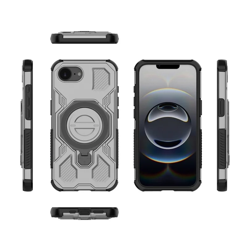 For iPhone 16e Magnetic Case Rotating Metal Kickstand Shockproof PC + TPU Phone Back Cover - Grey