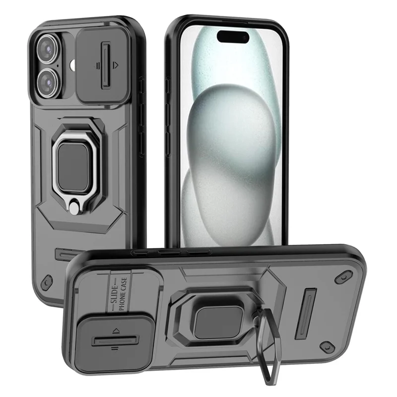 Capa para iPhone 17 com Suporte de PC + TPU, Protetor de Telefone com Proteção de Lente - Preto