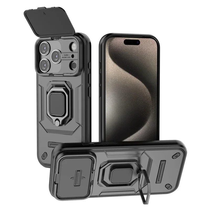 For iPhone 18 Pro / 17 Pro Case PC + TPU Kickstand Phone Protector with Lens Cover - Black