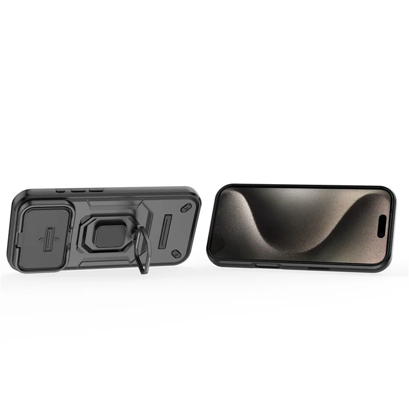 For iPhone 18 Pro / 17 Pro Case PC + TPU Kickstand Phone Protector with Lens Cover - Black