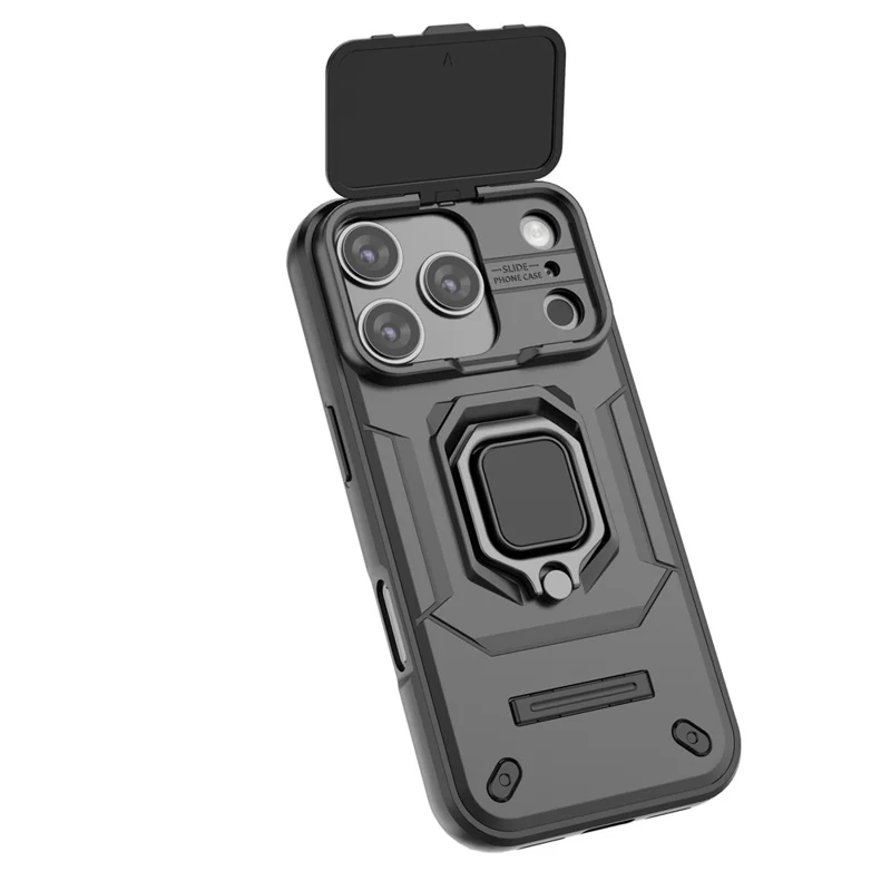 For iPhone 18 Pro / 17 Pro Case PC + TPU Kickstand Phone Protector with Lens Cover - Black