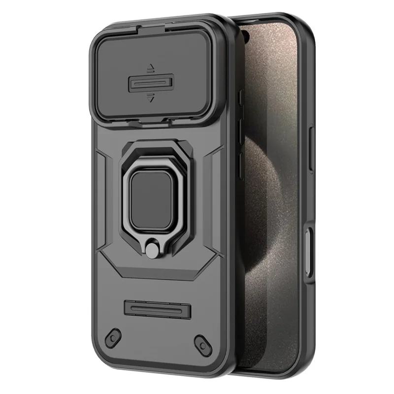 For iPhone 18 Pro / 17 Pro Case PC + TPU Kickstand Phone Protector with Lens Cover - Black