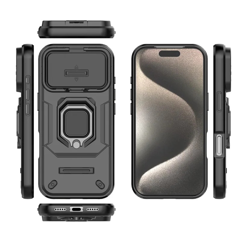 For iPhone 18 Pro / 17 Pro Case PC + TPU Kickstand Phone Protector with Lens Cover - Black