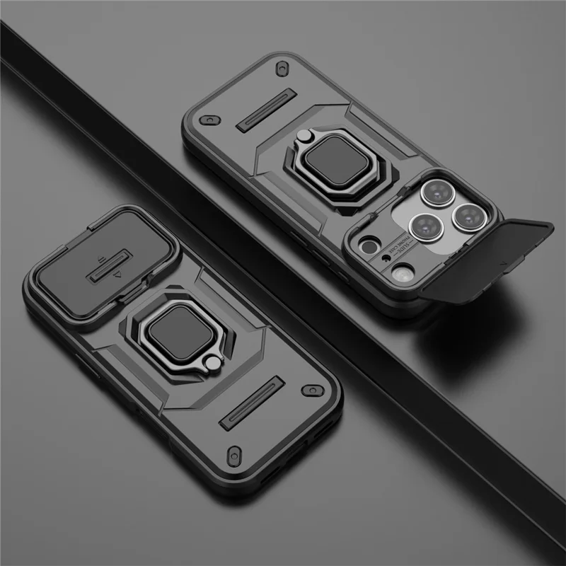 For iPhone 18 Pro / 17 Pro Case PC + TPU Kickstand Phone Protector with Lens Cover - Black