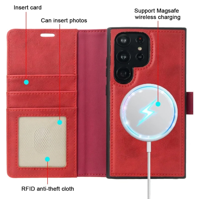 Acquisto all'ingrosso per Samsung Galaxy S25 Ultra Cover in pelle magnetica con 3 slot per carte, custodia telefonica pieghevole staccabile - Rosso
