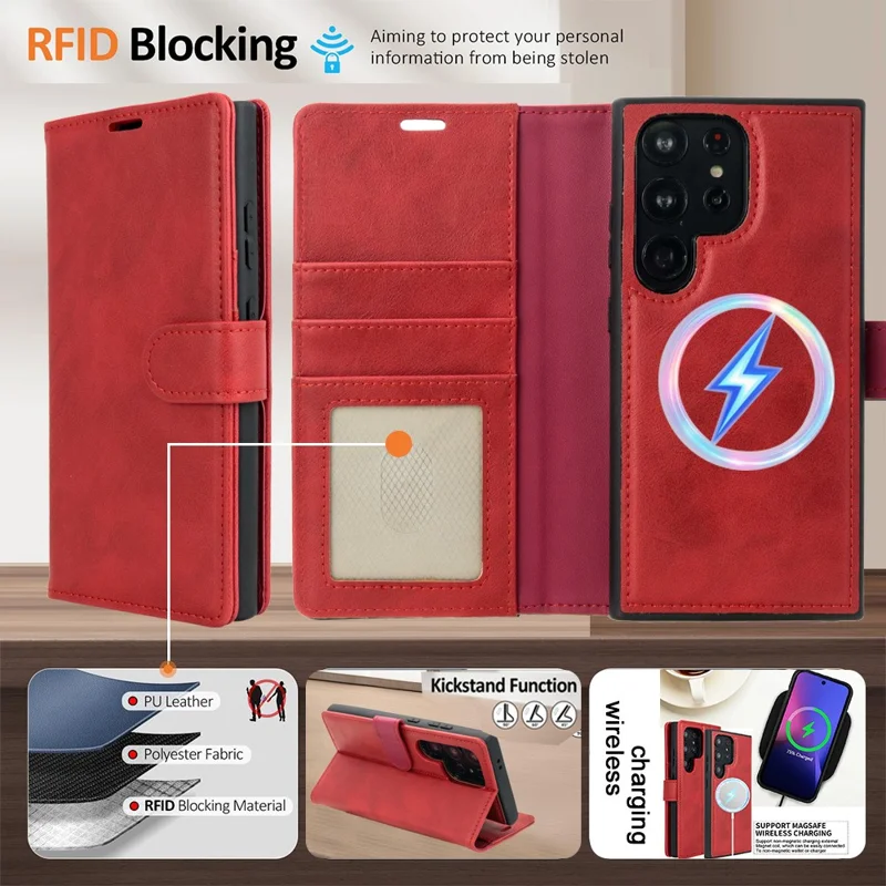 Acquisto all'ingrosso per Samsung Galaxy S25 Ultra Cover in pelle magnetica con 3 slot per carte, custodia telefonica pieghevole staccabile - Rosso