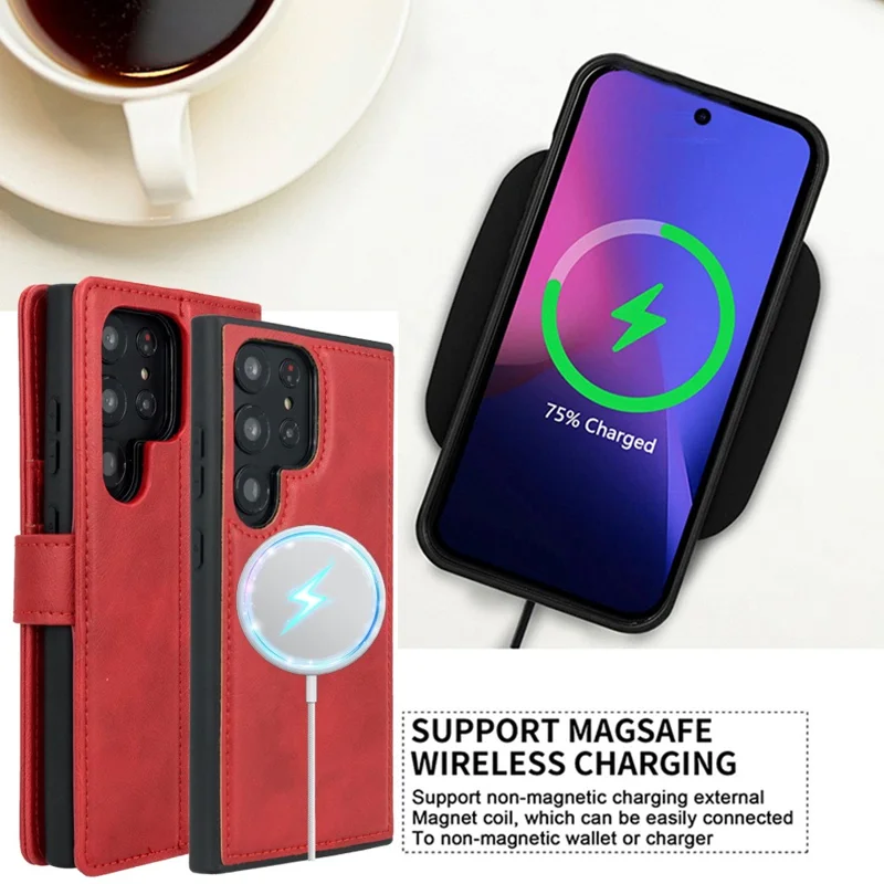 Acquisto all'ingrosso per Samsung Galaxy S25 Ultra Cover in pelle magnetica con 3 slot per carte, custodia telefonica pieghevole staccabile - Rosso